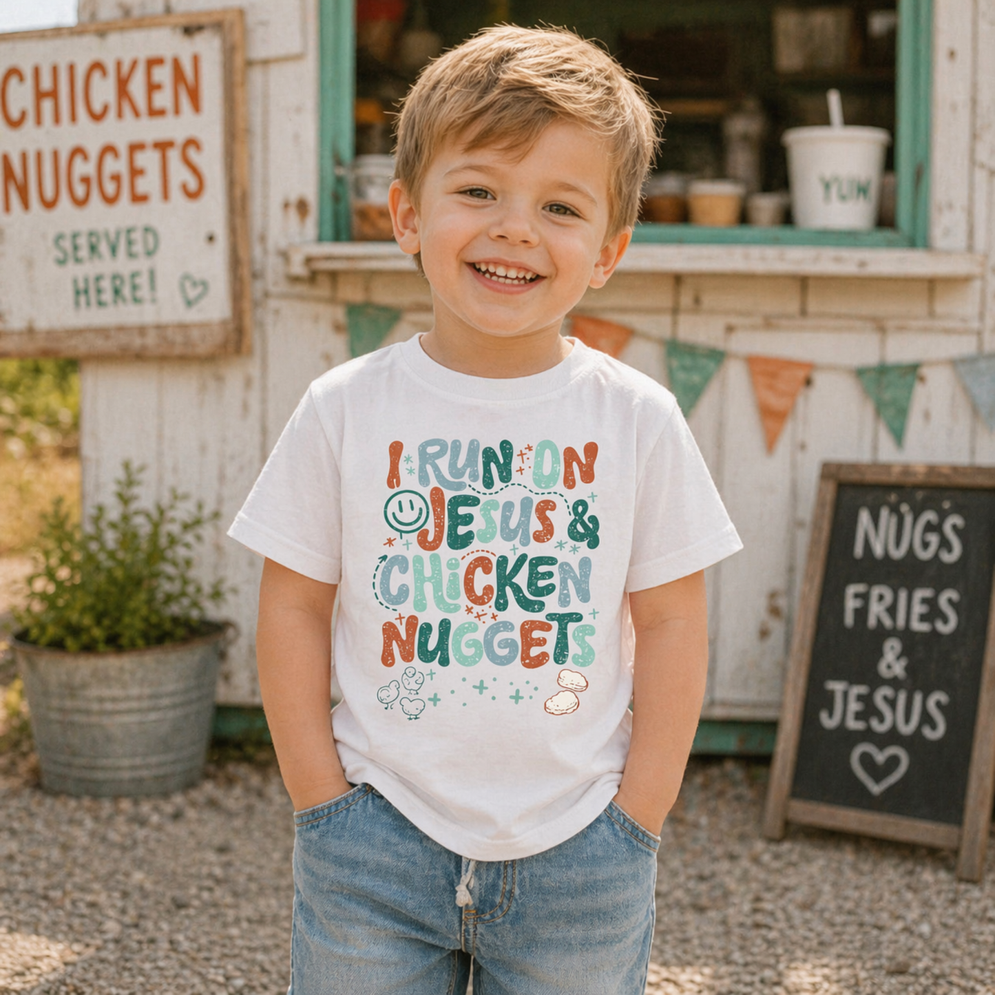 I Run on Jesus & Chicken Nuggets Shirt – Funny Christian Kids Tee Twice the Charm Boutique