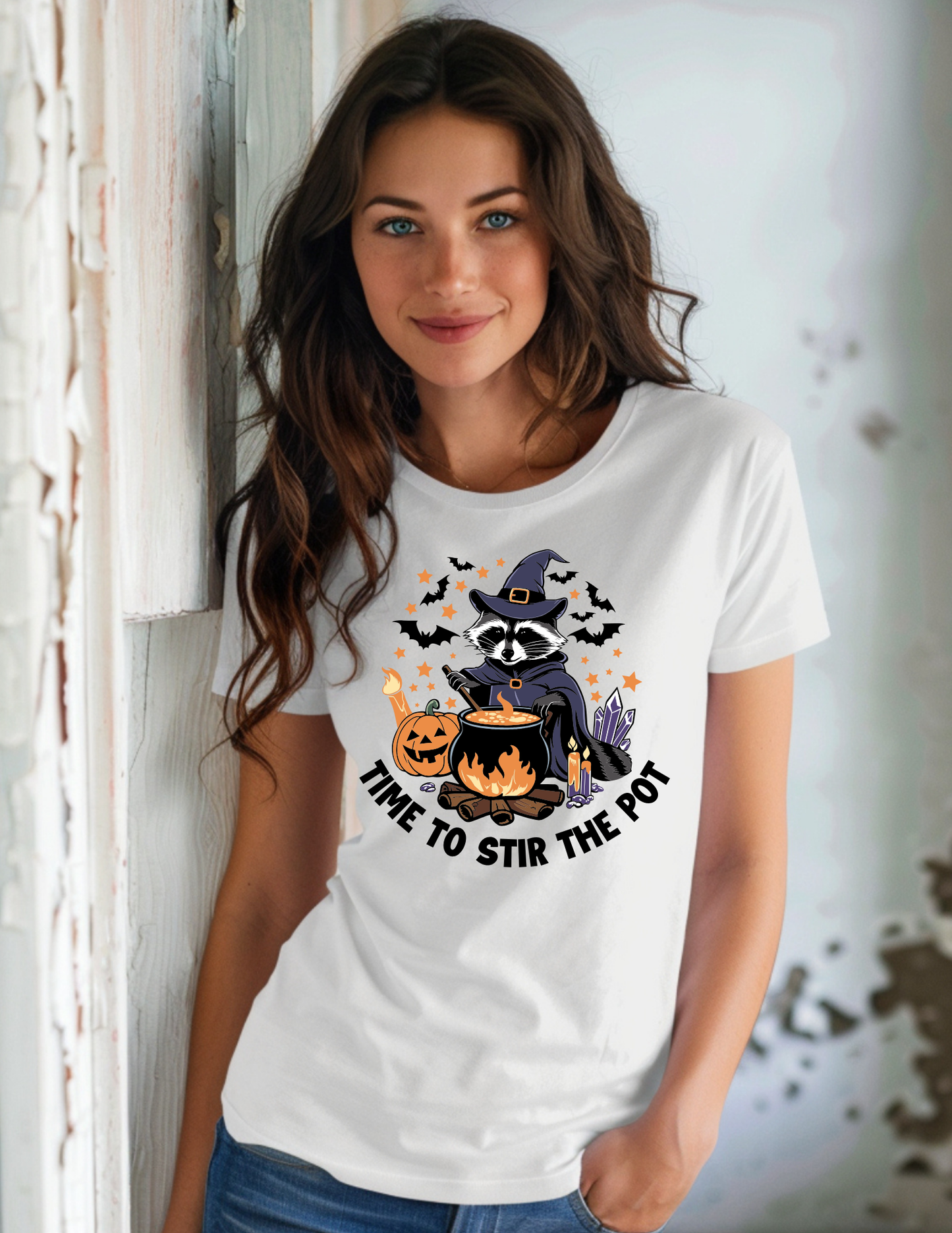 Time To Stir The Pot – Witch Raccoon Halloween T-Shirt | White Comfort Colors