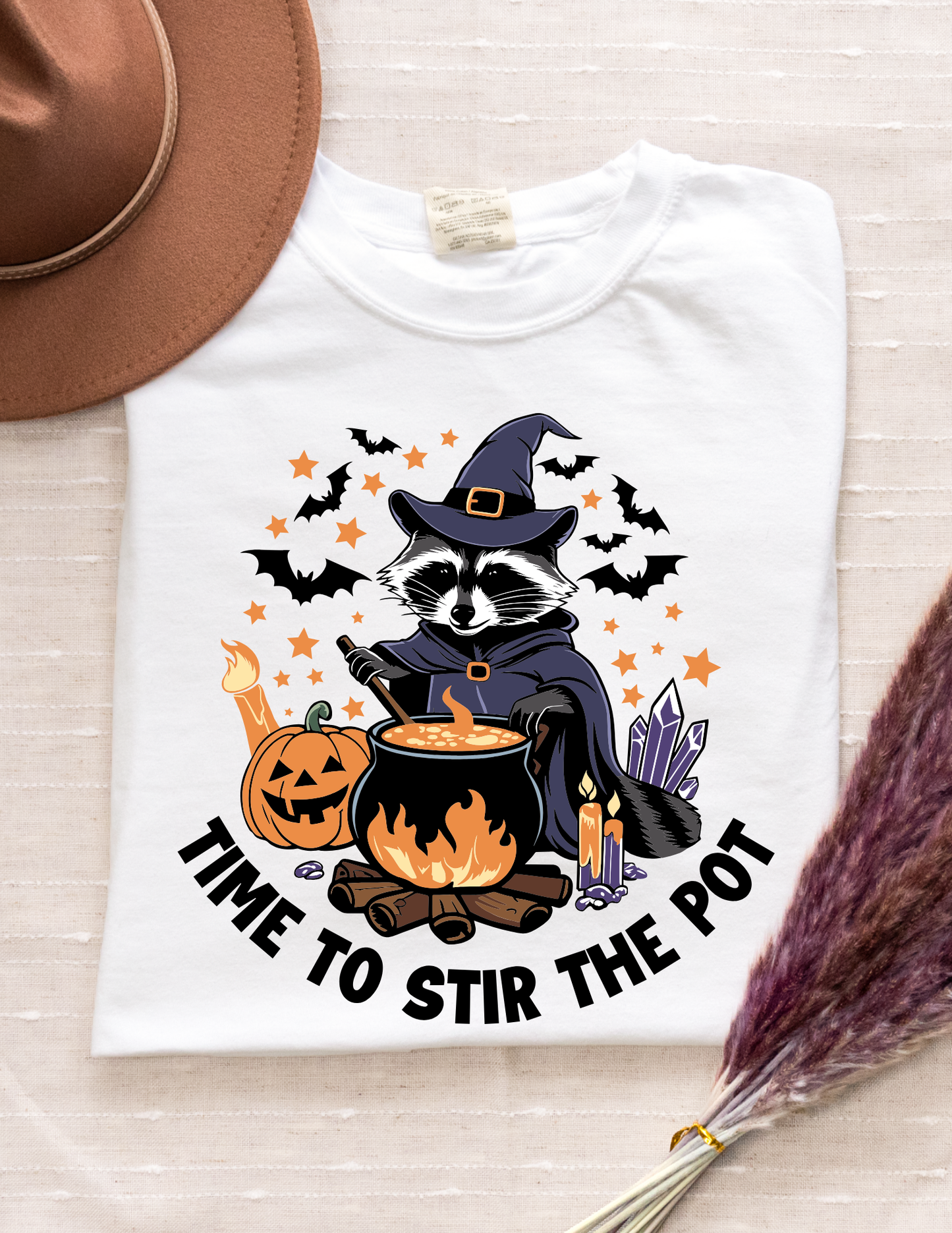 Time To Stir The Pot – Witch Raccoon Halloween T-Shirt | White Comfort Colors