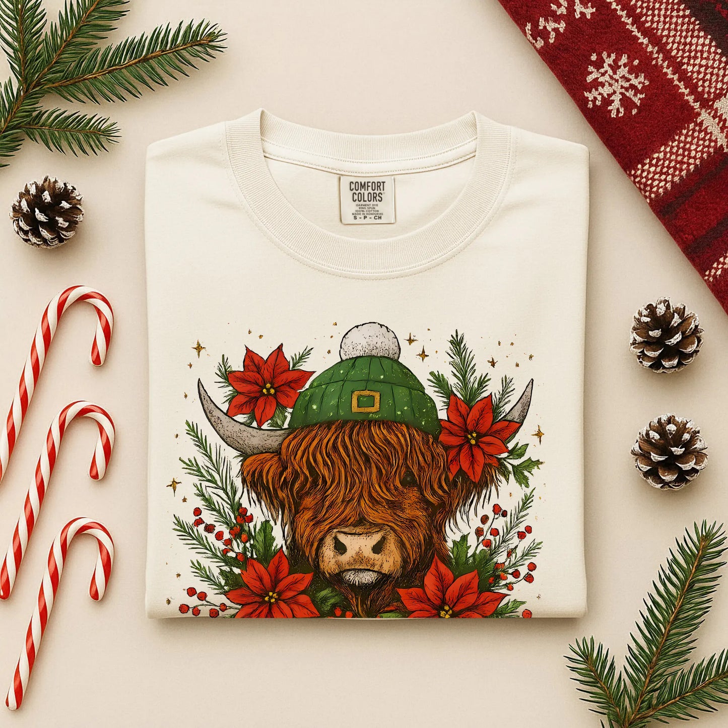 Christmas Highland Cow Comfort Colors Long Sleeve – Festive Floral Holiday Tee Twice the Charm Boutique