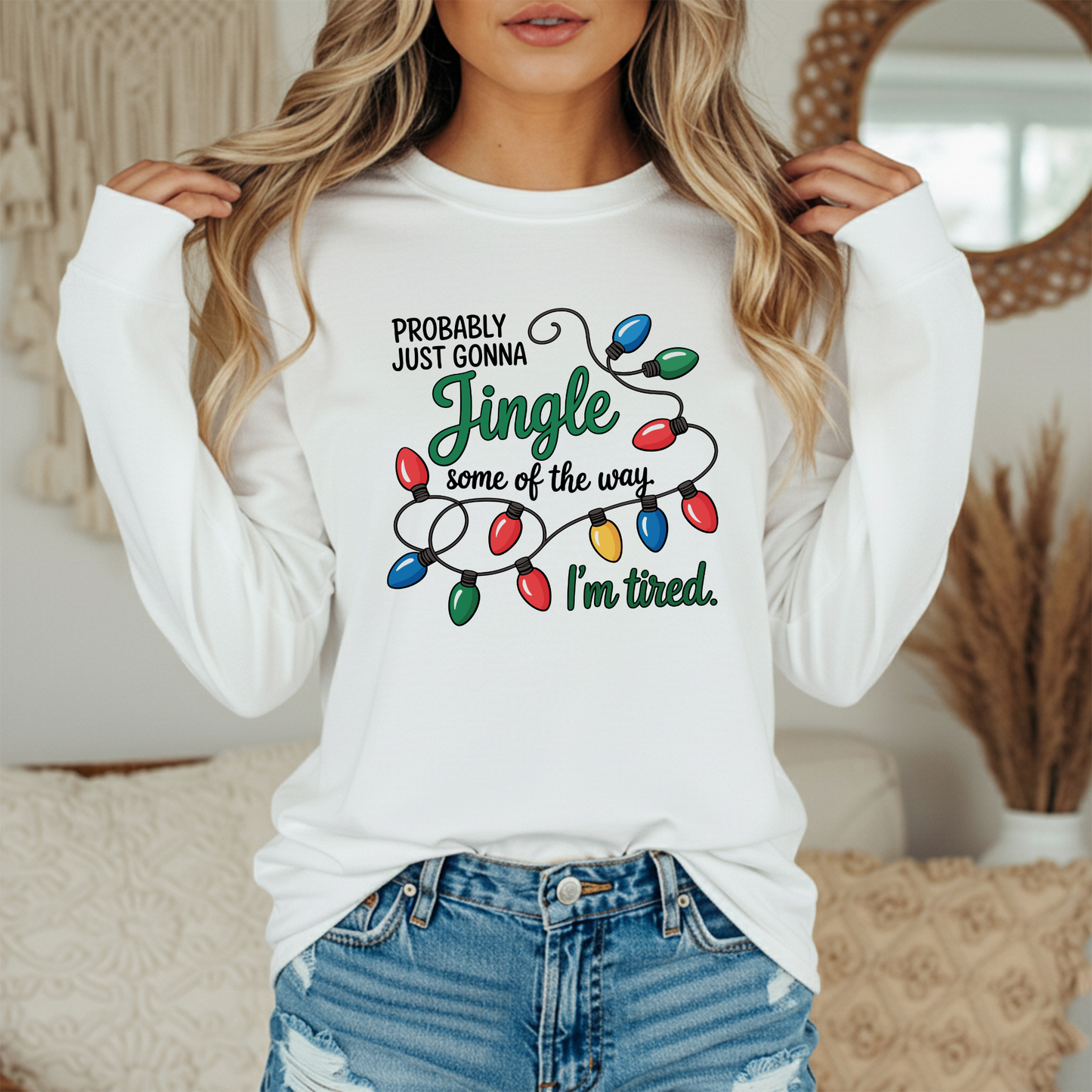 Probably Just Gonna Jingle Some Of The Way I'm Tired Gildan Long Sleeve Tee – Funny Christmas Lights Shirt