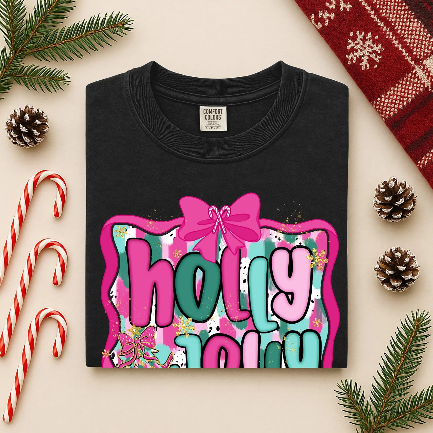 Holly Jolly Christmas Long Sleeve Tee | Pink Teal Holiday Shirt Twice the Charm Boutique