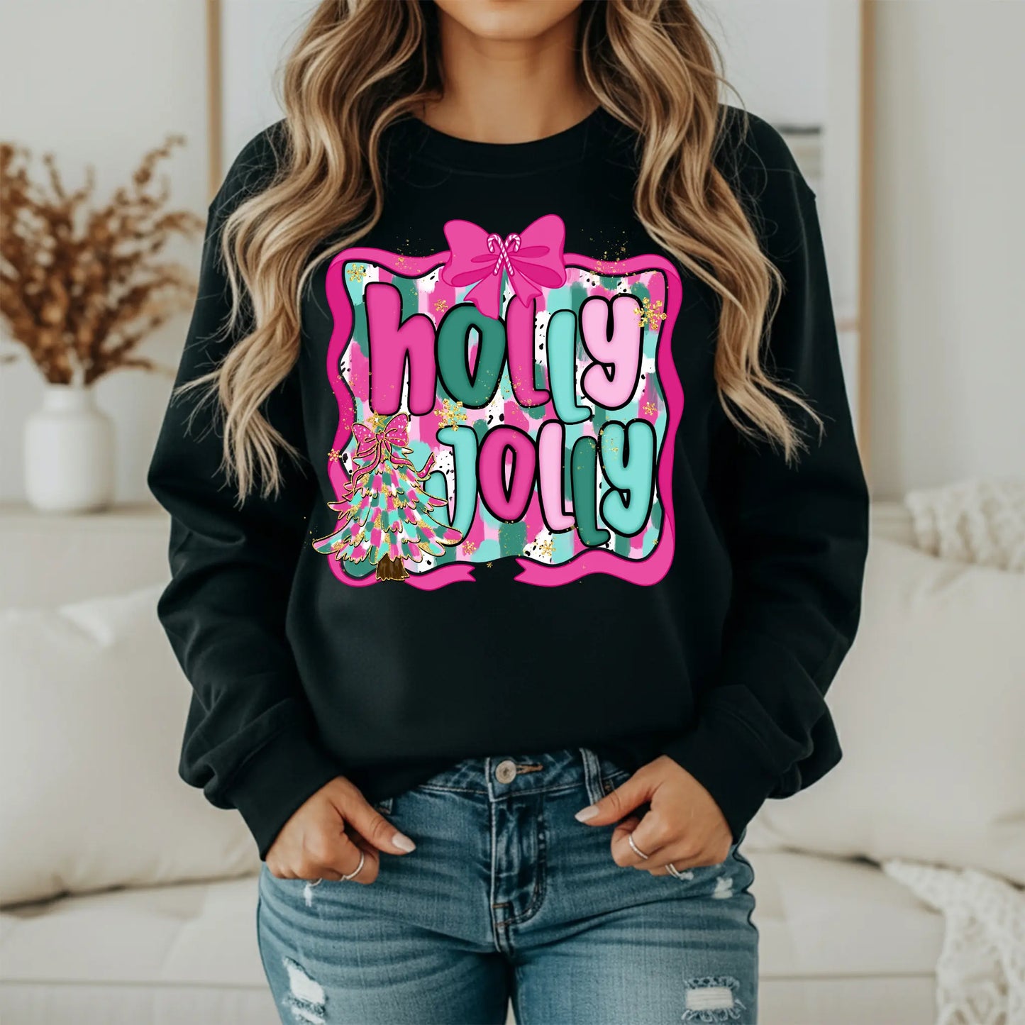 Holly Jolly Christmas Sweatshirt | Pink Teal Holiday Crewneck | Women's Festive Christmas Twice the Charm Boutique