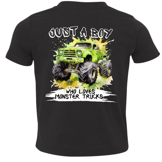 Just a Boy Who Loves Monster Trucks Kids Tee (Back Design)