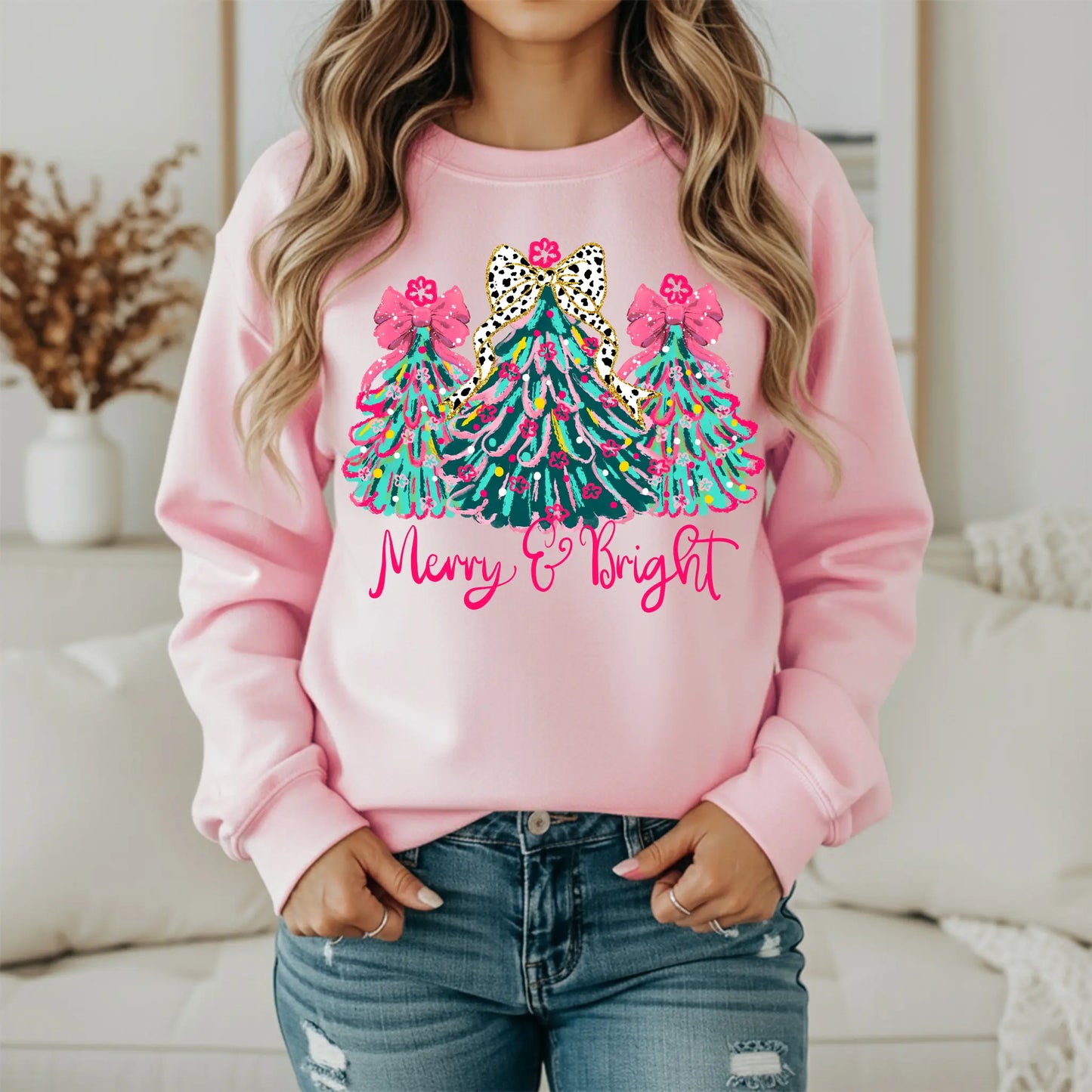Merry and Bright Leopard Bow Christmas Trees Sweatshirt - Women's Holiday Crewneck - Festive Gildan Sweatshirt Twice the Charm Boutique