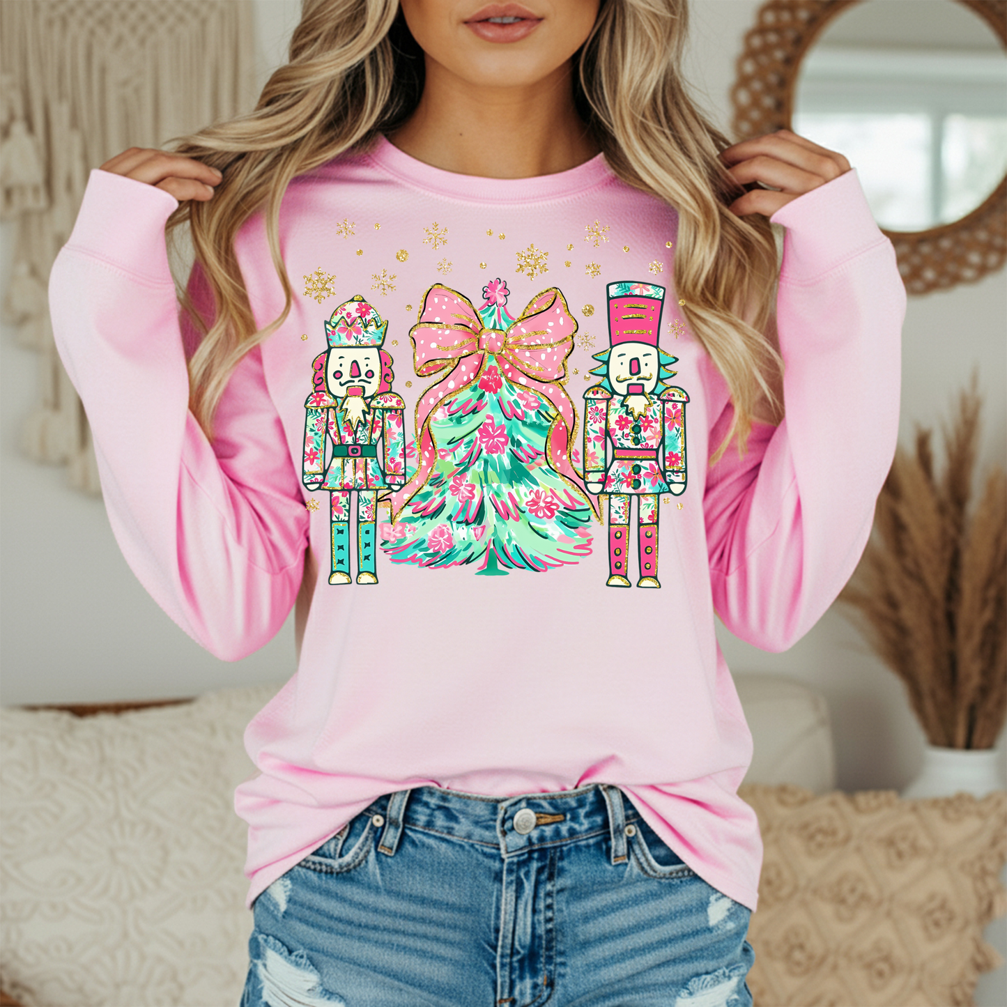 Nutcracker Christmas Long Sleeve Tee | Pink Teal Floral Holiday Shirt | Comfort Colors | Women's Festive Tee