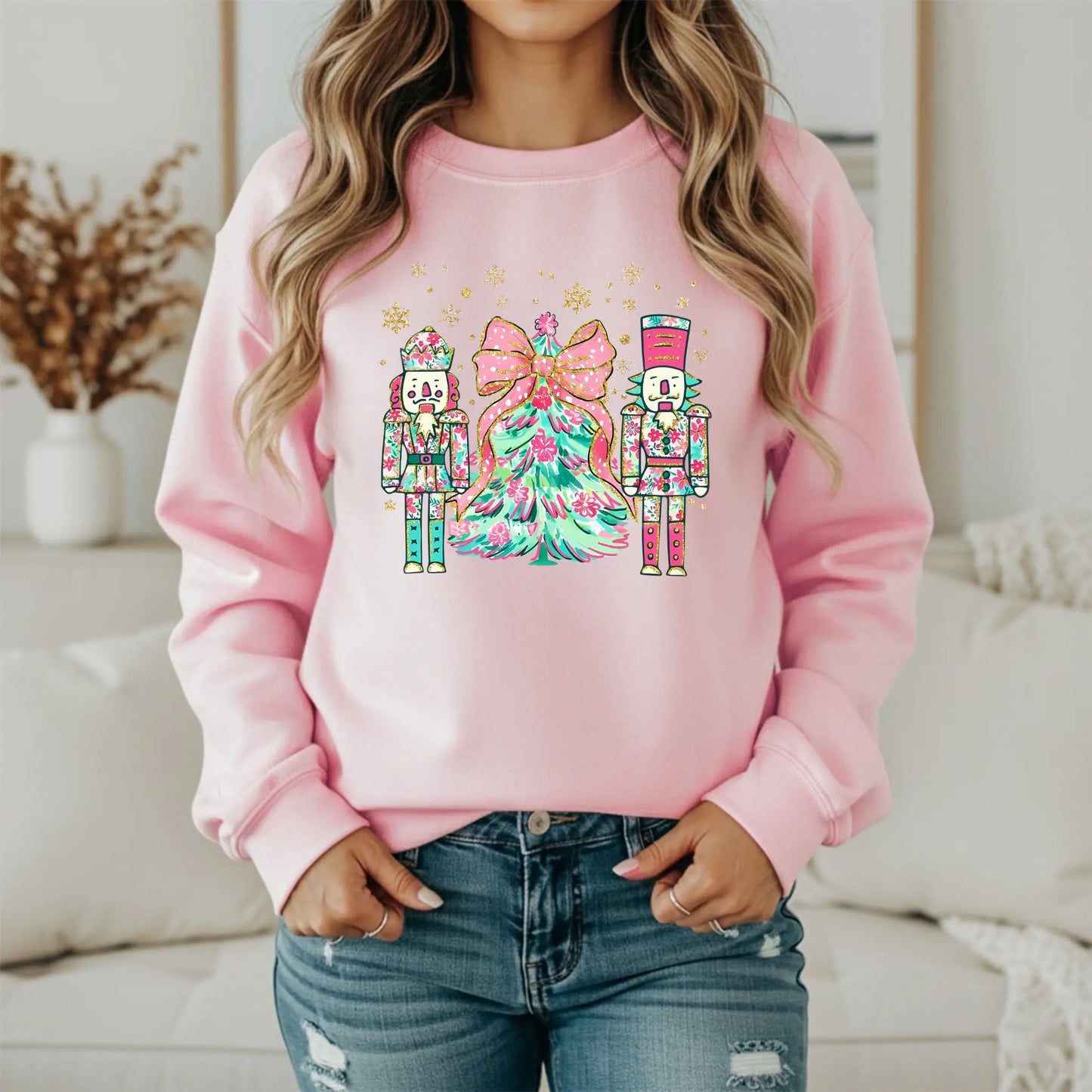 Nutcracker Christmas Sweatshirt | Pink Teal Floral Holiday Crewneck | Women's Festive Christmas Sweatshirt Twice the Charm Boutique