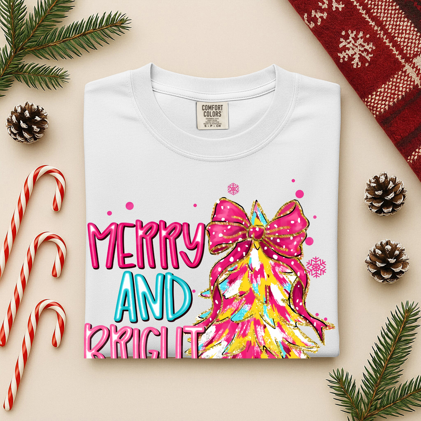 Merry and Bright Christmas Tree Graphic Tee - Women's Holiday Shirt - Festive Comfort Colors Tee