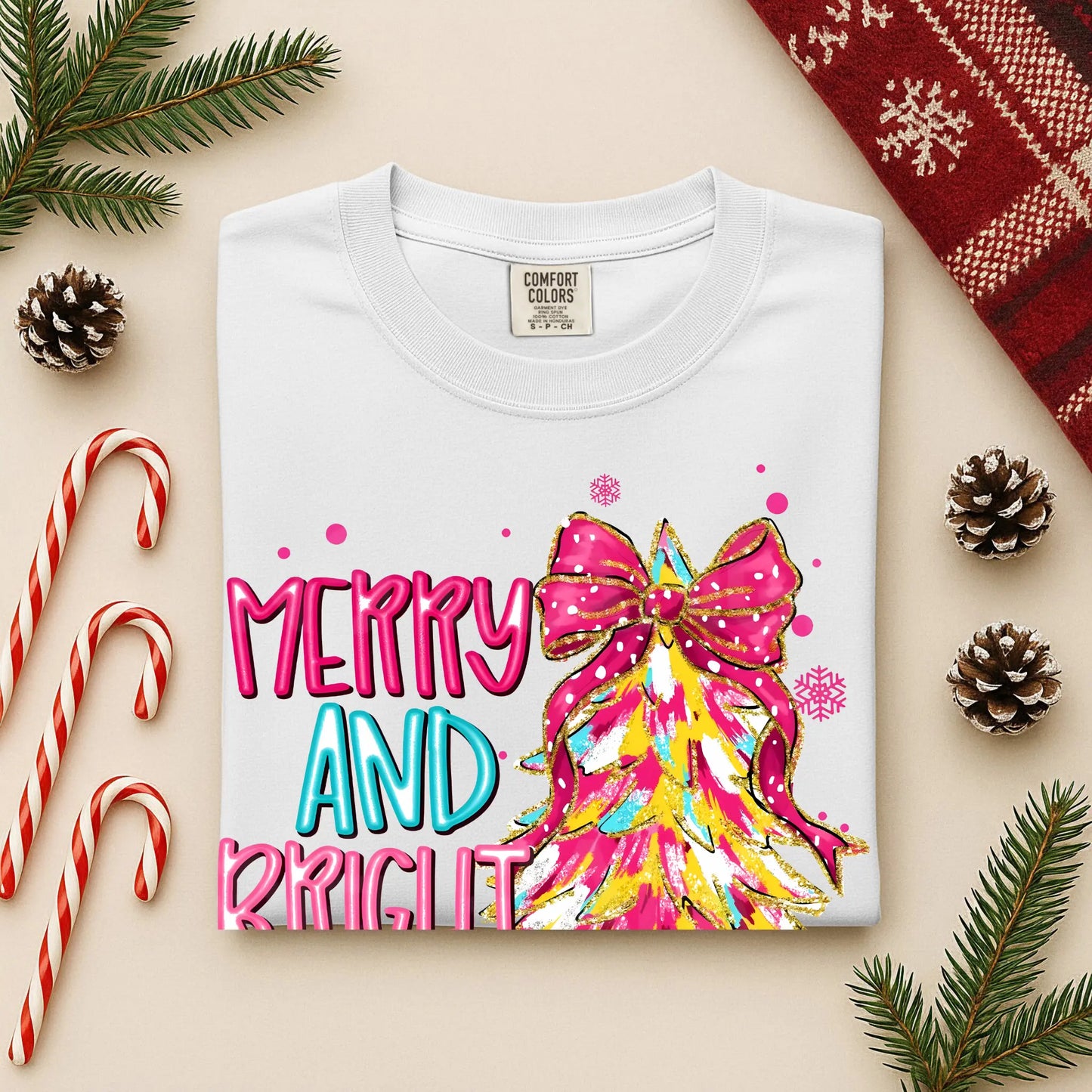 Merry and Bright Christmas Tree Graphic Tee - Women's Holiday Shirt - Festive Comfort Colors Tee Twice the Charm Boutique