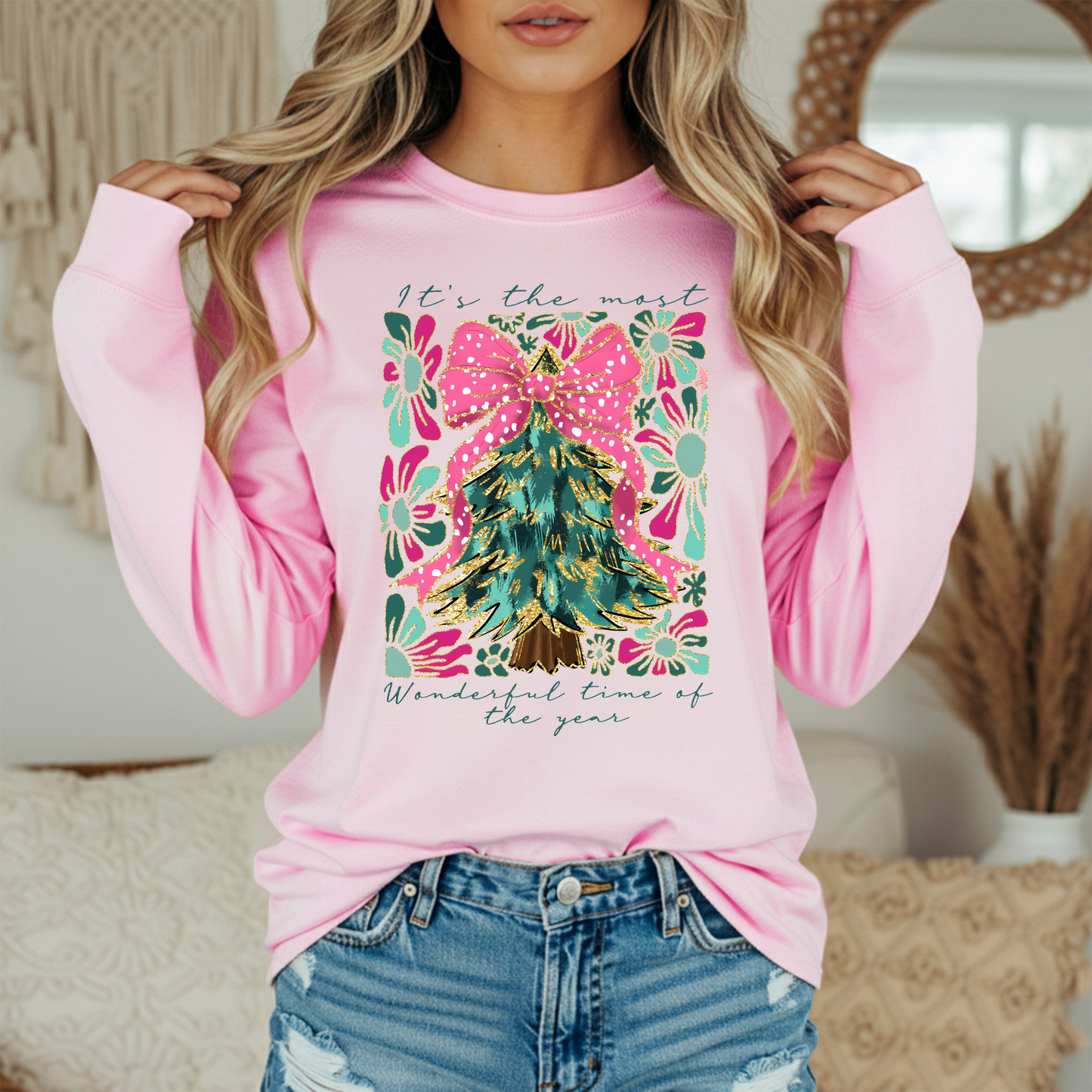Most Wonderful Time of the Year Shirt | Comfort Colors Long Sleeve | Pink Teal Christmas Tree Tee