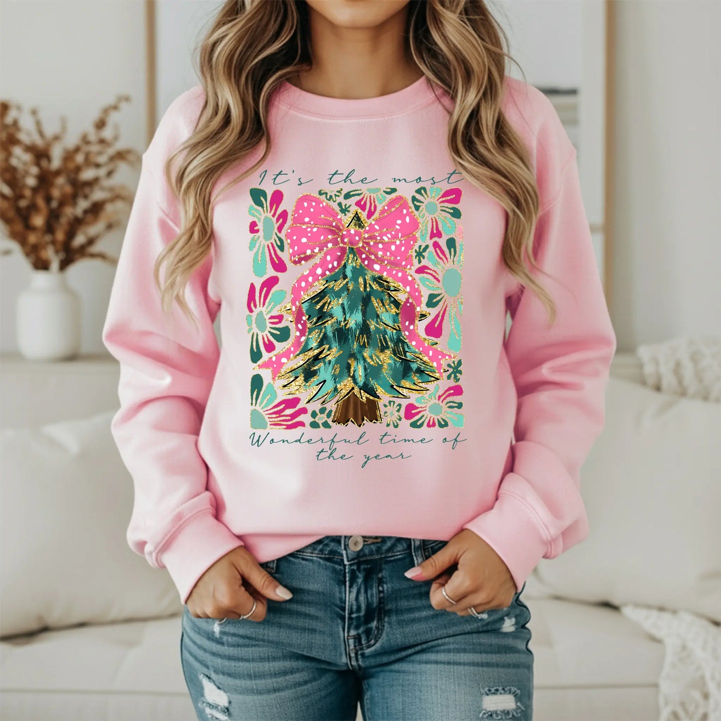 Most Wonderful Time of the Year Sweatshirt | Women's Artistic Holiday Crewneck | Pink Teal Tree Twice the Charm Boutique