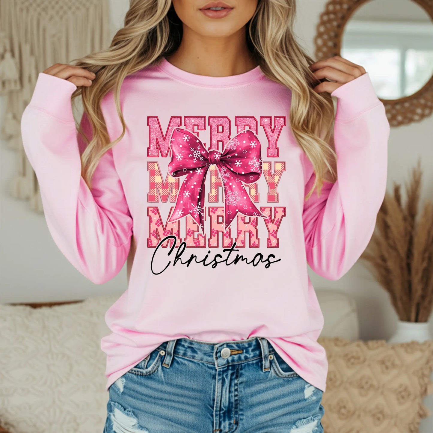 Merry Merry Merry Christmas Shirt | Comfort Colors Long Sleeve | Pink Snowflake Bow Twice the Charm Boutique