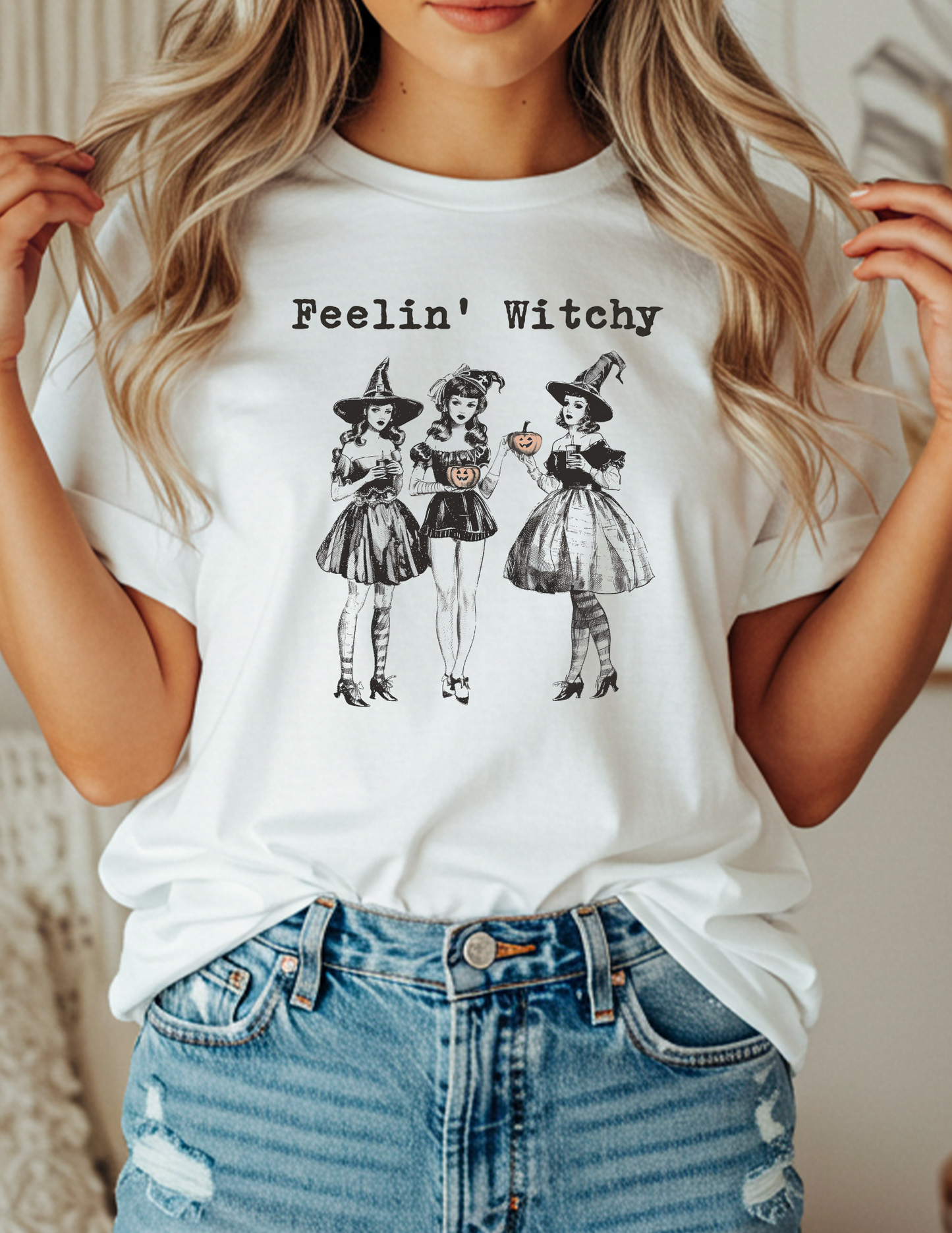 Feelin’ Witchy Halloween Graphic Tee – Vintage Witch Squad Shirt