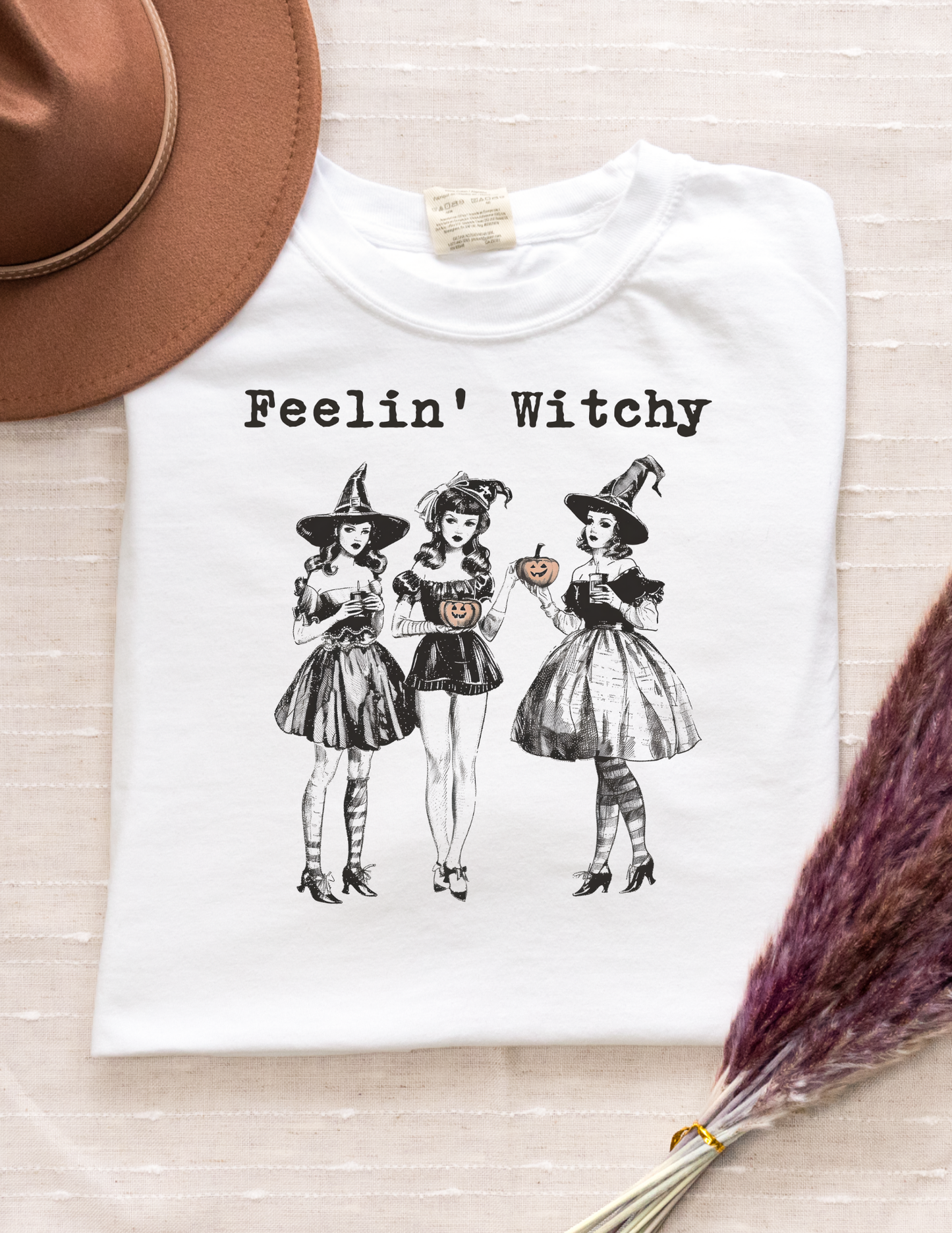 Feelin’ Witchy Halloween Graphic Tee – Vintage Witch Squad Shirt