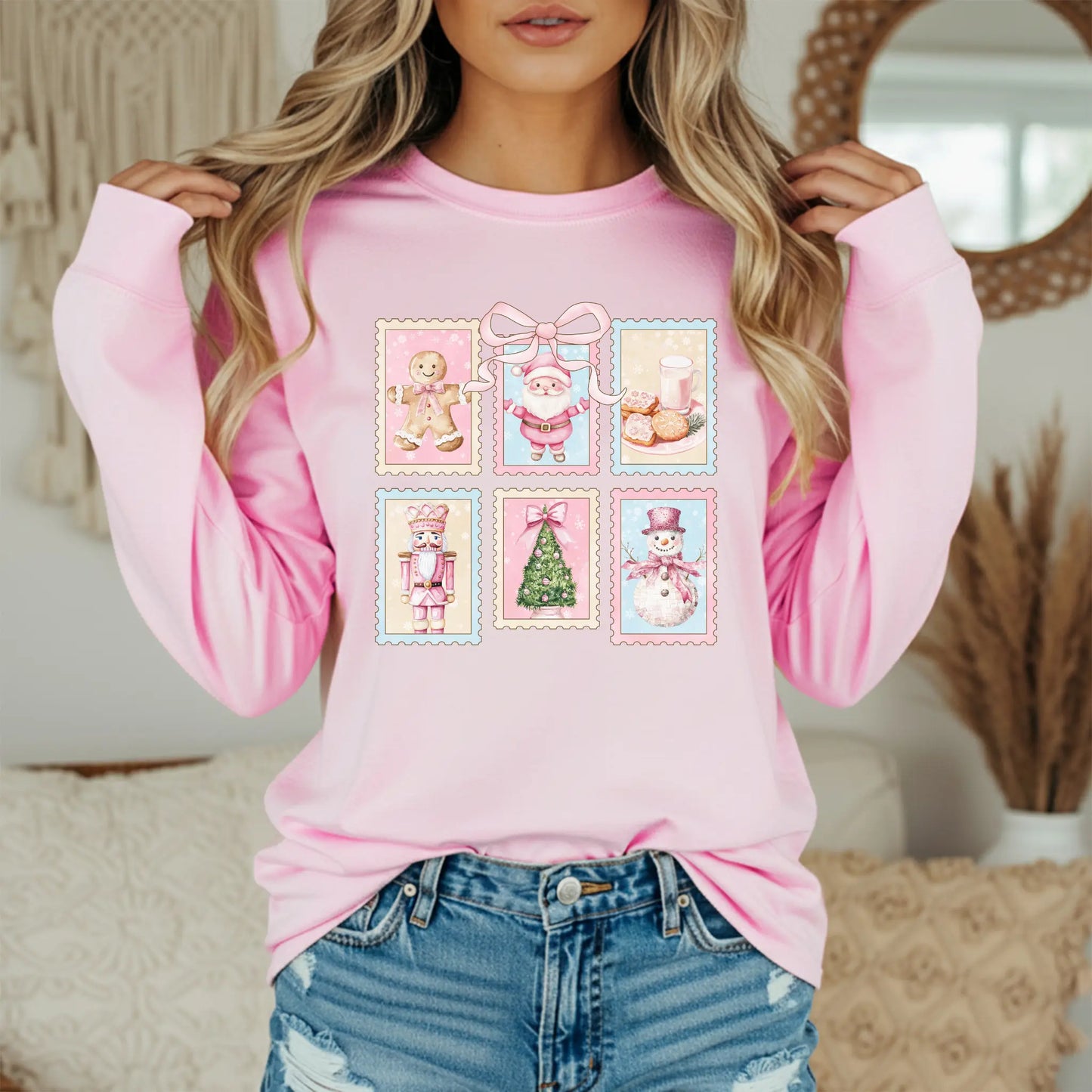Pink Christmas Stamps Long Sleeve Tee | Watercolor Holiday Shirt | Comfort Colors | Women's Festive Christmas Tee Twice the Charm Boutique