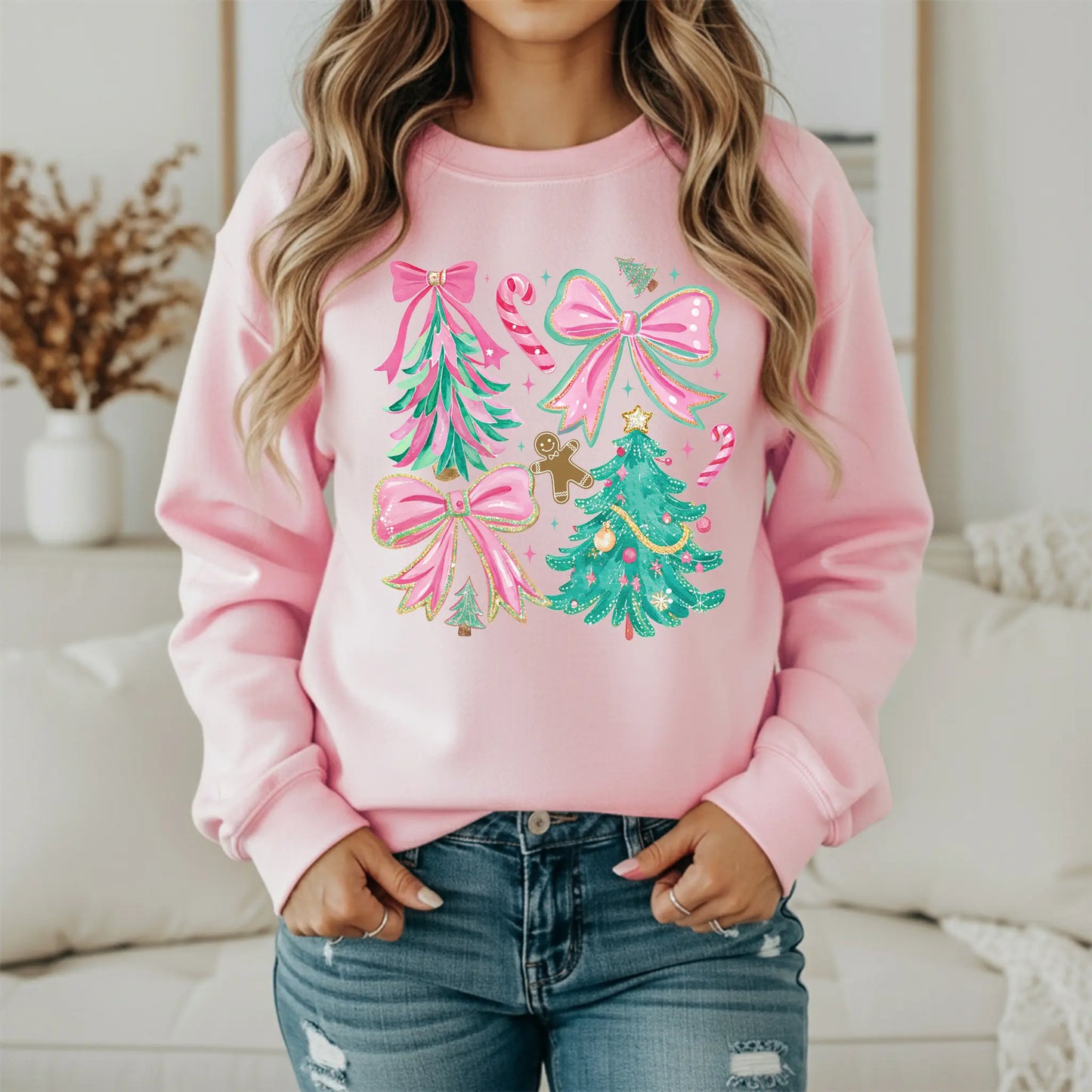 Pink Teal Christmas Bows Sweatshirt | Watercolor Holiday Crewneck | Women's Festive Christmas Sweatshirt Twice the Charm Boutique
