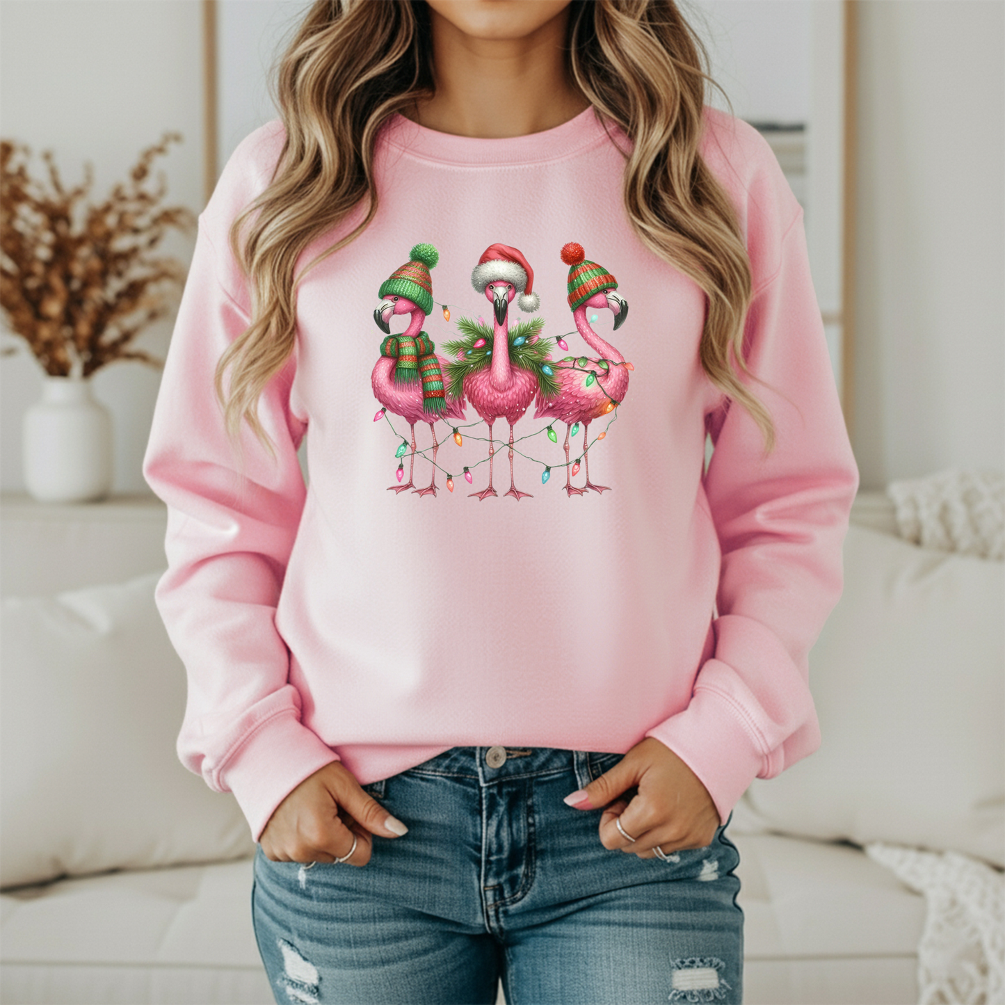 Christmas Flamingos Sweatshirt - Women's Holiday Crewneck - Festive Flamingo Gildan Sweatshirt