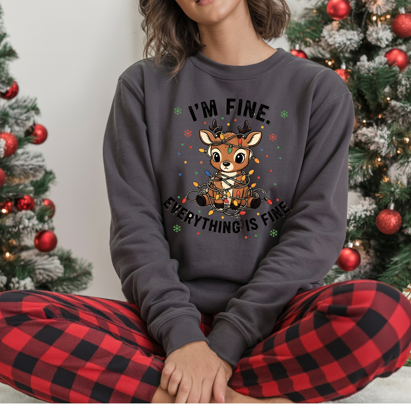 I'm Fine Everything Is Fine Sweatshirt | Women's Funny Christmas Crewneck | Tangled Reindeer Graphic