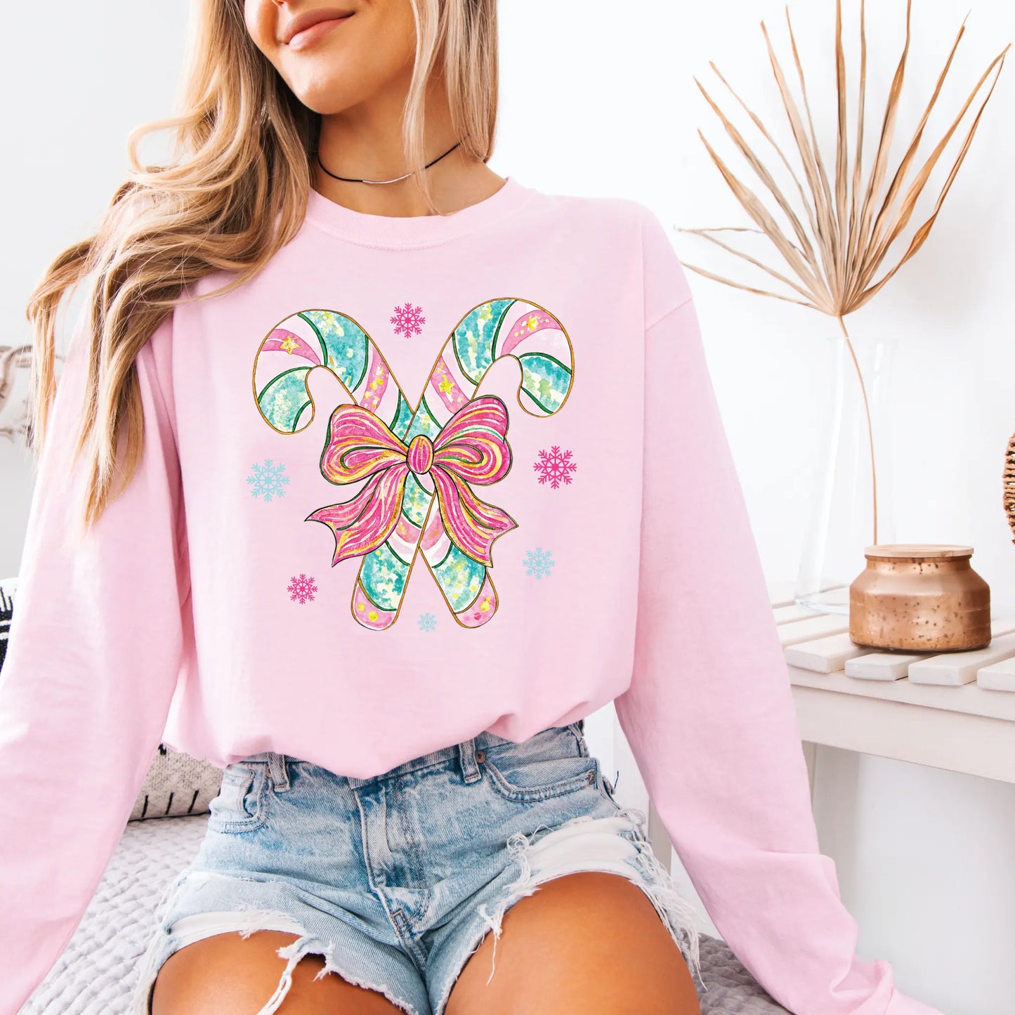 Watercolor Candy Canes Shirt | Comfort Colors Long Sleeve | Pink Teal Christmas Bow Graphic Tee Twice the Charm Boutique