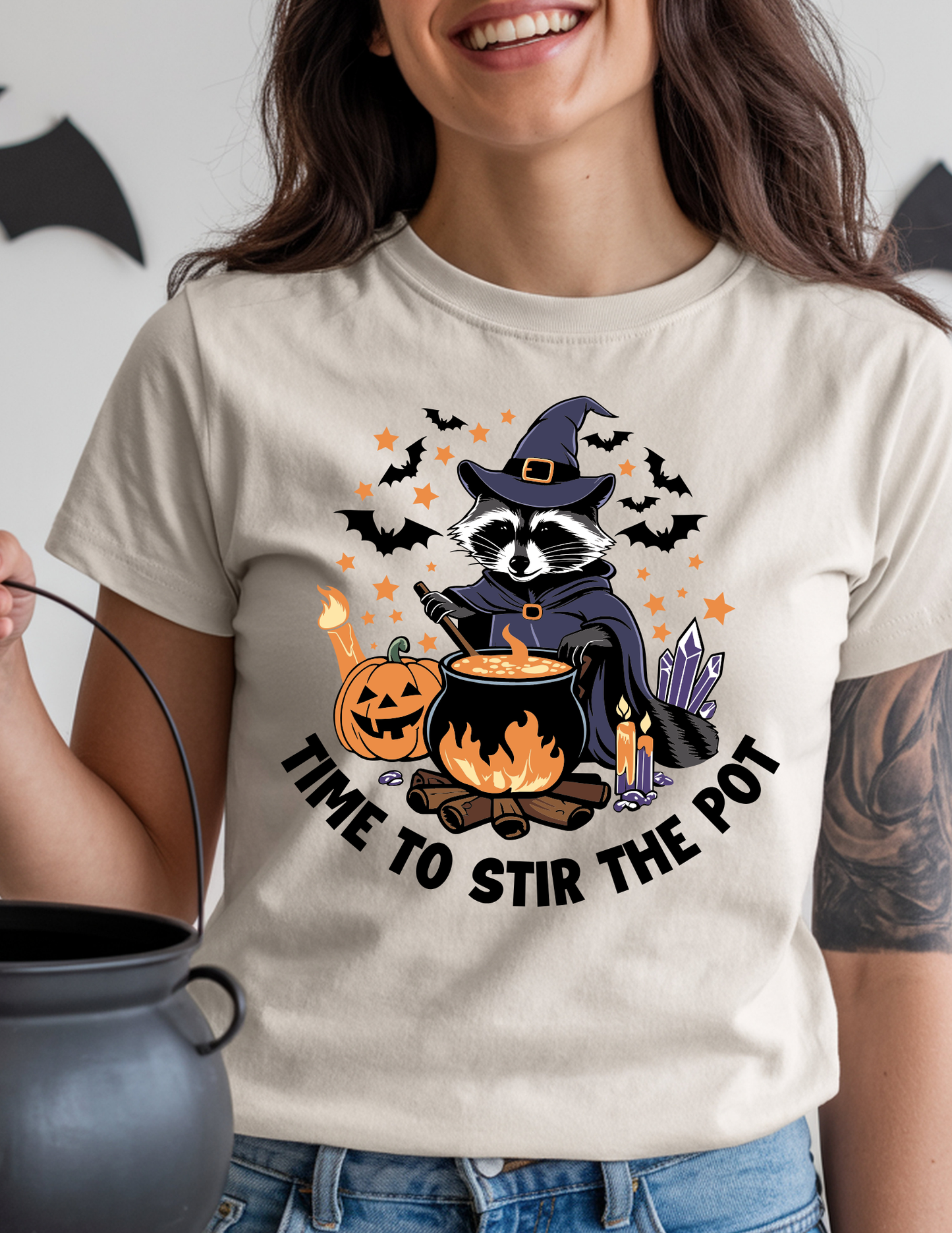 “Time to Stir the Pot” Graphic Tee – Witch Raccoon Halloween Shirt