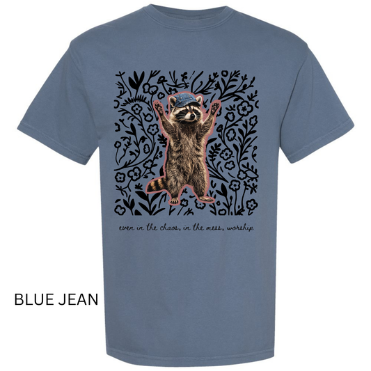 Even in the Chaos Worship Shirt Comfort Colors Washed Denim Tee – Christian Raccoon Graphic Tee Twice the Charm Boutique