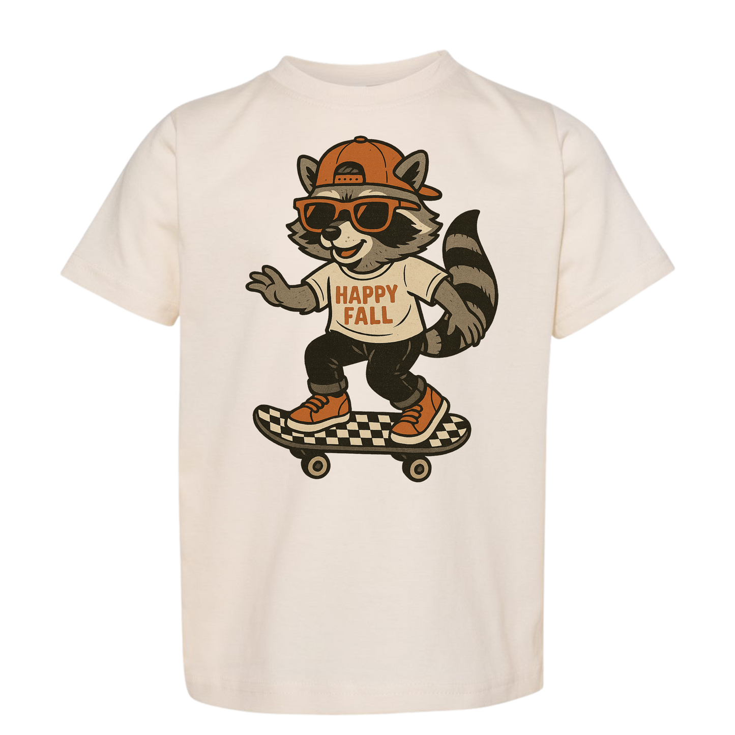 “Happy Fall Raccoon” Kids Graphic Tee – Cute Skateboard Autumn Shirt