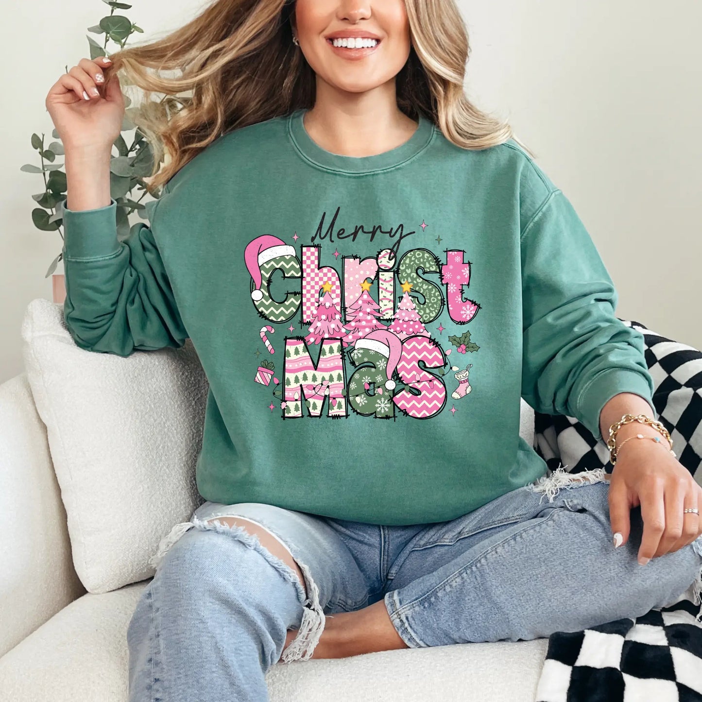 Merry Christmas Comfort Colors Long Sleeve Tee – Pink & Green Holiday Graphic Shirt Twice the Charm Boutique