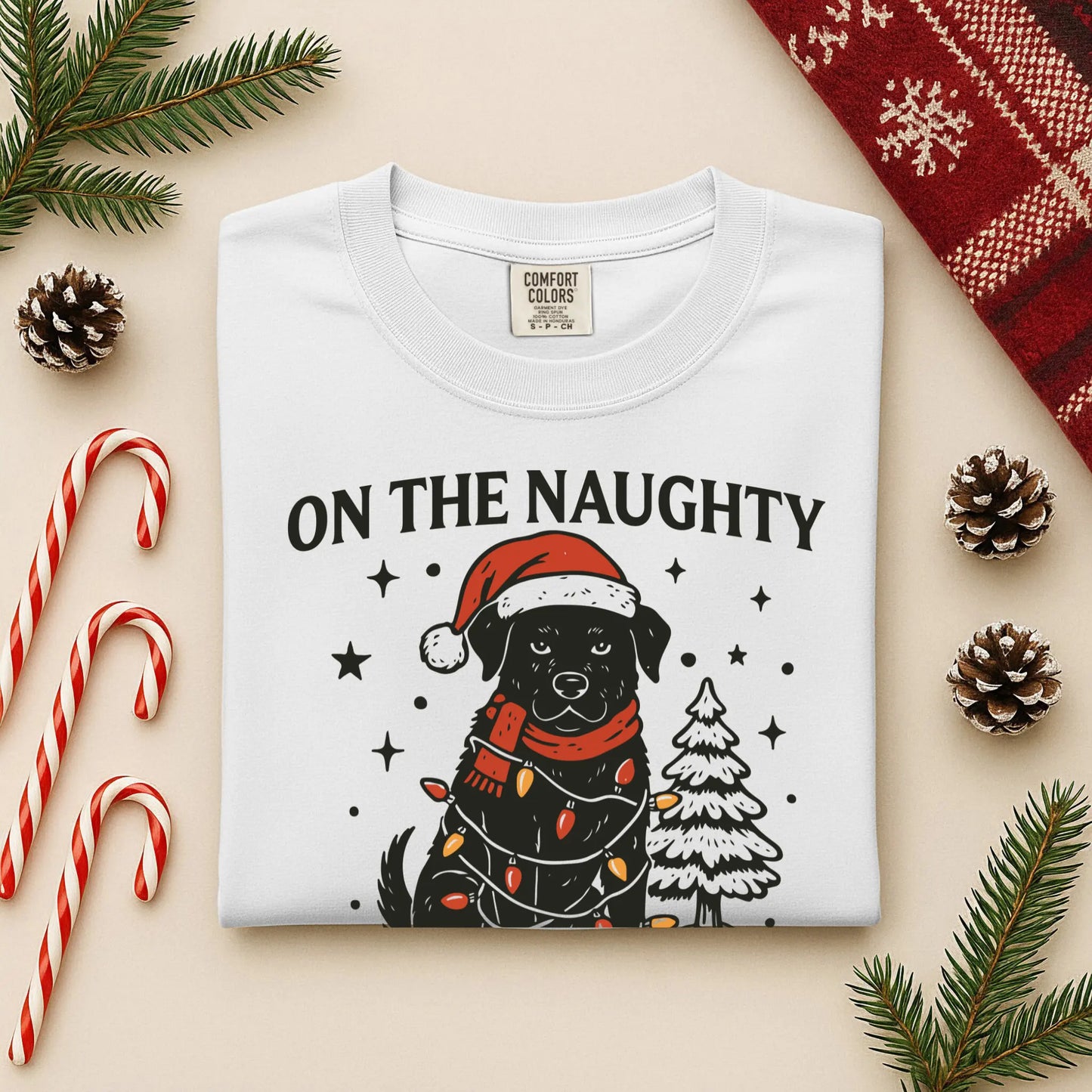 On The Naughty List And Lovin' It Comfort Colors Long Sleeve – Funny Dog Christmas Tee Twice the Charm Boutique