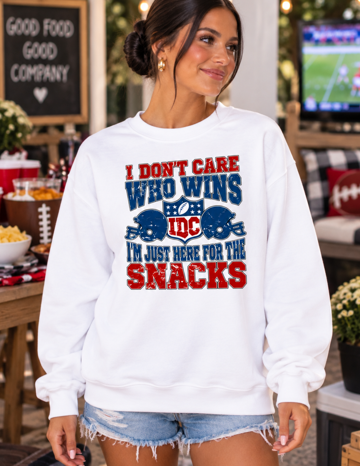 I Don’t Care Who Wins I’m Just Here for the Snacks Lane Seven White Crewneck