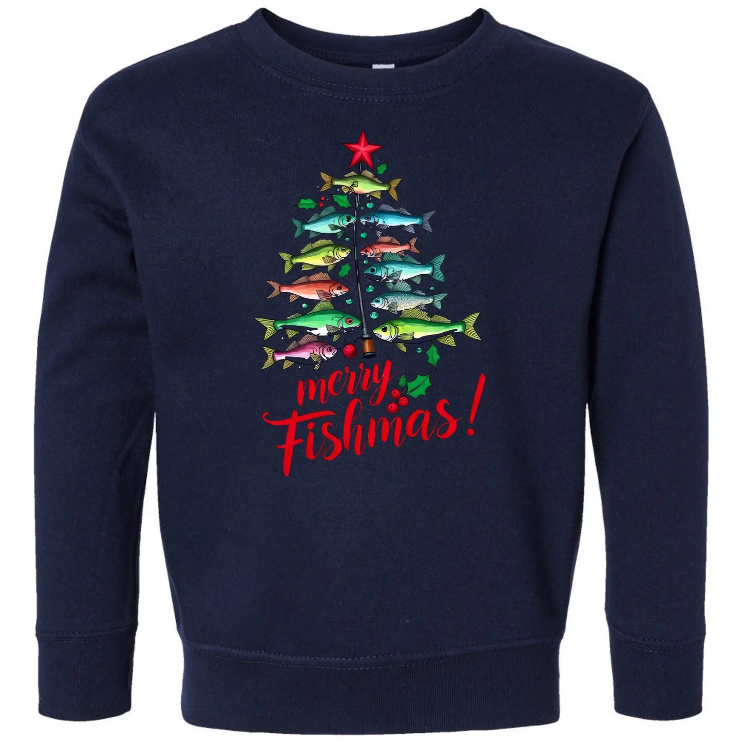 Merry Fishmas Toddler Sweatshirt – Fishing Christmas Tree Rabbit Skins Kids Crewneck Twice the Charm Boutique
