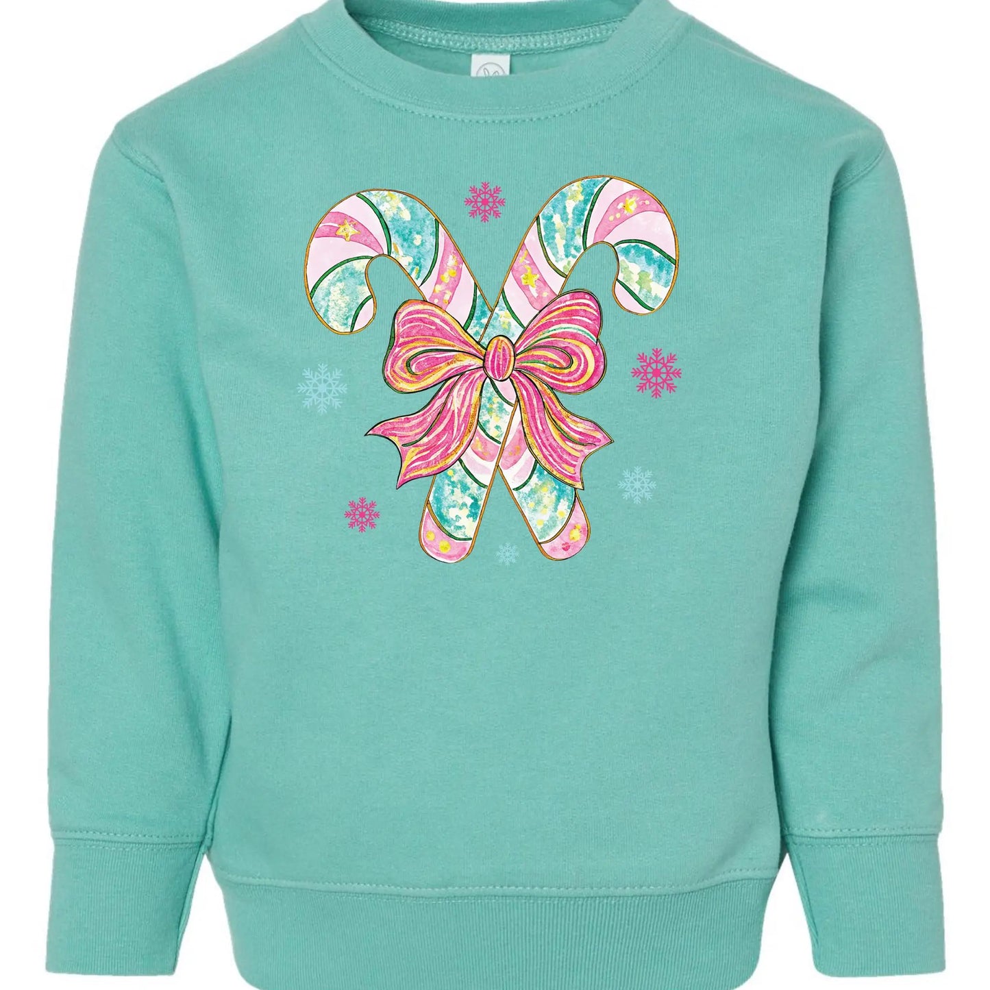 Pink & Teal Candy Canes Toddler Sweatshirt – Christmas Bow Rabbit Skins Kids Crewneck Twice the Charm Boutique