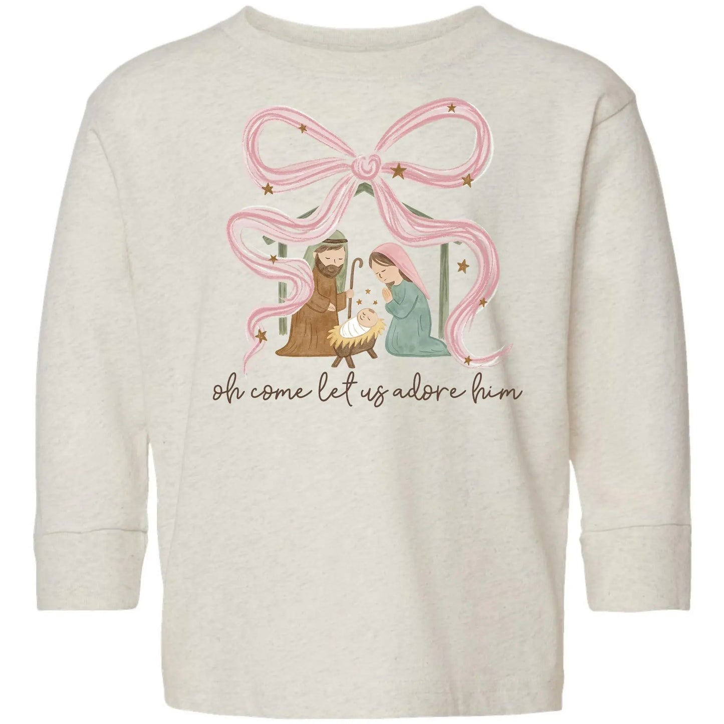 Oh Come Let Us Adore Him Toddler Long Sleeve Tee – Pink Bow Nativity Rabbit Skins Kids Shirt Twice the Charm Boutique