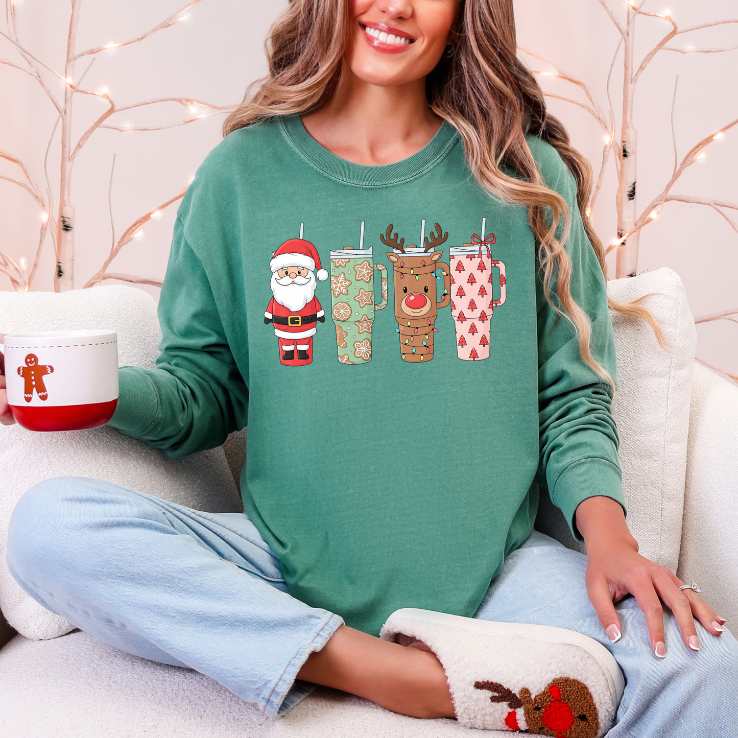 Christmas Tumblers Graphic Tee - Santa & Reindeer Holiday Cups Shirt