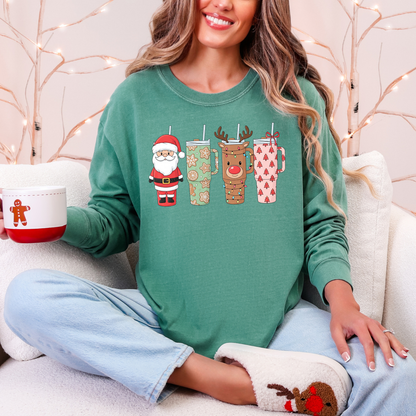 Christmas Tumblers Graphic Tee - Santa & Reindeer Holiday Cups Shirt
