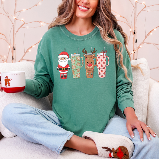 Christmas Tumblers Graphic Tee - Santa & Reindeer Holiday Cups Shirt