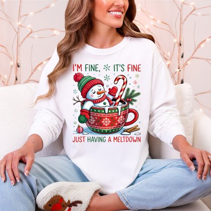 I'm Fine It's Fine Just Having A Meltdown Comfort Colors Long Sleeve – Funny Christmas Snowman Tee