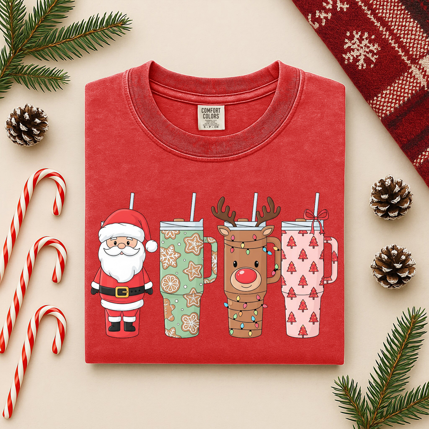 Christmas Tumblers Graphic Tee - Santa & Reindeer Holiday Cups Shirt