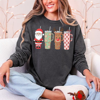 Christmas Tumblers Graphic Tee - Santa & Reindeer Holiday Cups Shirt