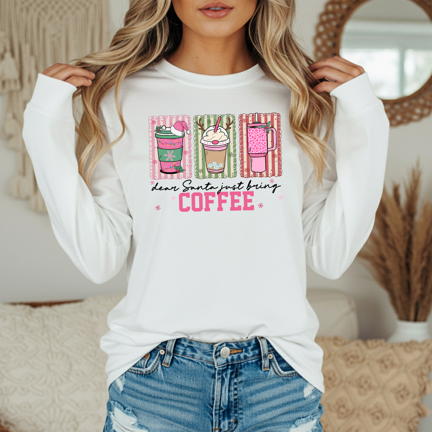 Dear Santa Just Bring Coffee Graphic Tee - Women's Christmas Shirt - Funny Holiday Coffee Lover Tee