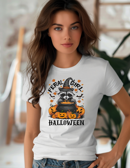 Feral Girl Halloween T-Shirt – Cute Witchy Raccoon & Pumpkins | Comfort Colors White Tee