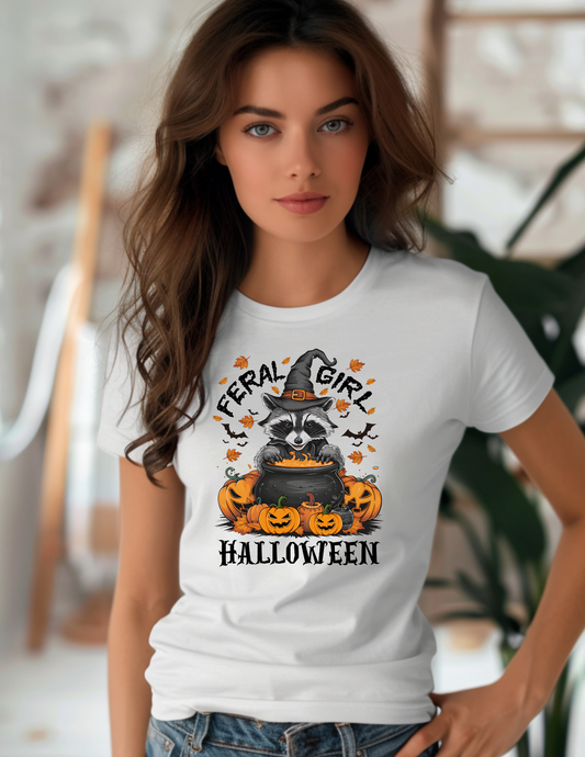 Feral Girl Halloween T-Shirt – Cute Witchy Raccoon & Pumpkins | Comfort Colors White Tee