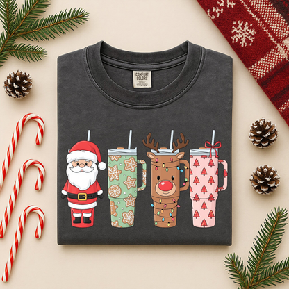 Christmas Tumblers Graphic Tee - Santa & Reindeer Holiday Cups Shirt