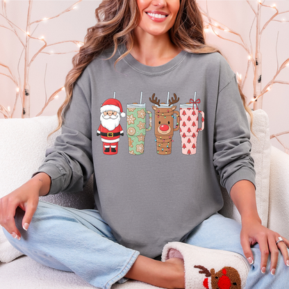 Christmas Tumblers Graphic Tee - Santa & Reindeer Holiday Cups Shirt