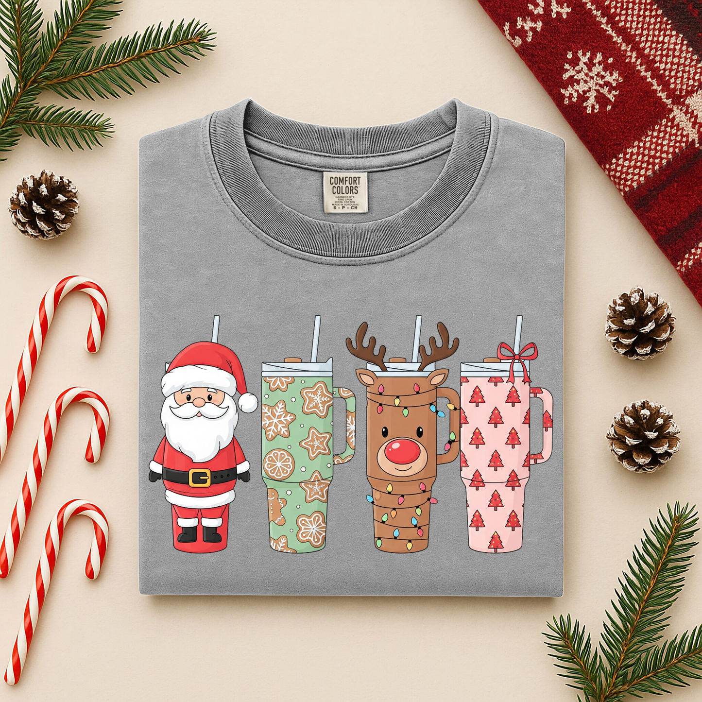 Christmas Tumblers Graphic Tee - Santa & Reindeer Holiday Cups Shirt