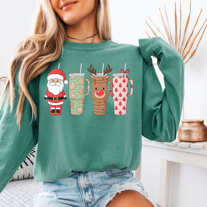 Christmas Tumblers Graphic Tee - Santa & Reindeer Holiday Cups Shirt