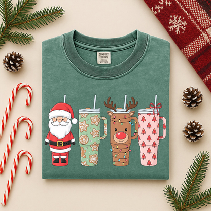 Christmas Tumblers Graphic Tee - Santa & Reindeer Holiday Cups Shirt