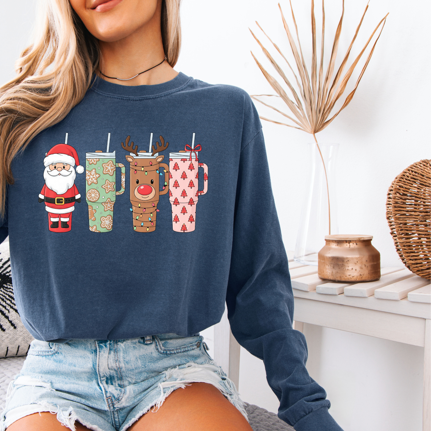Christmas Tumblers Graphic Tee - Santa & Reindeer Holiday Cups Shirt