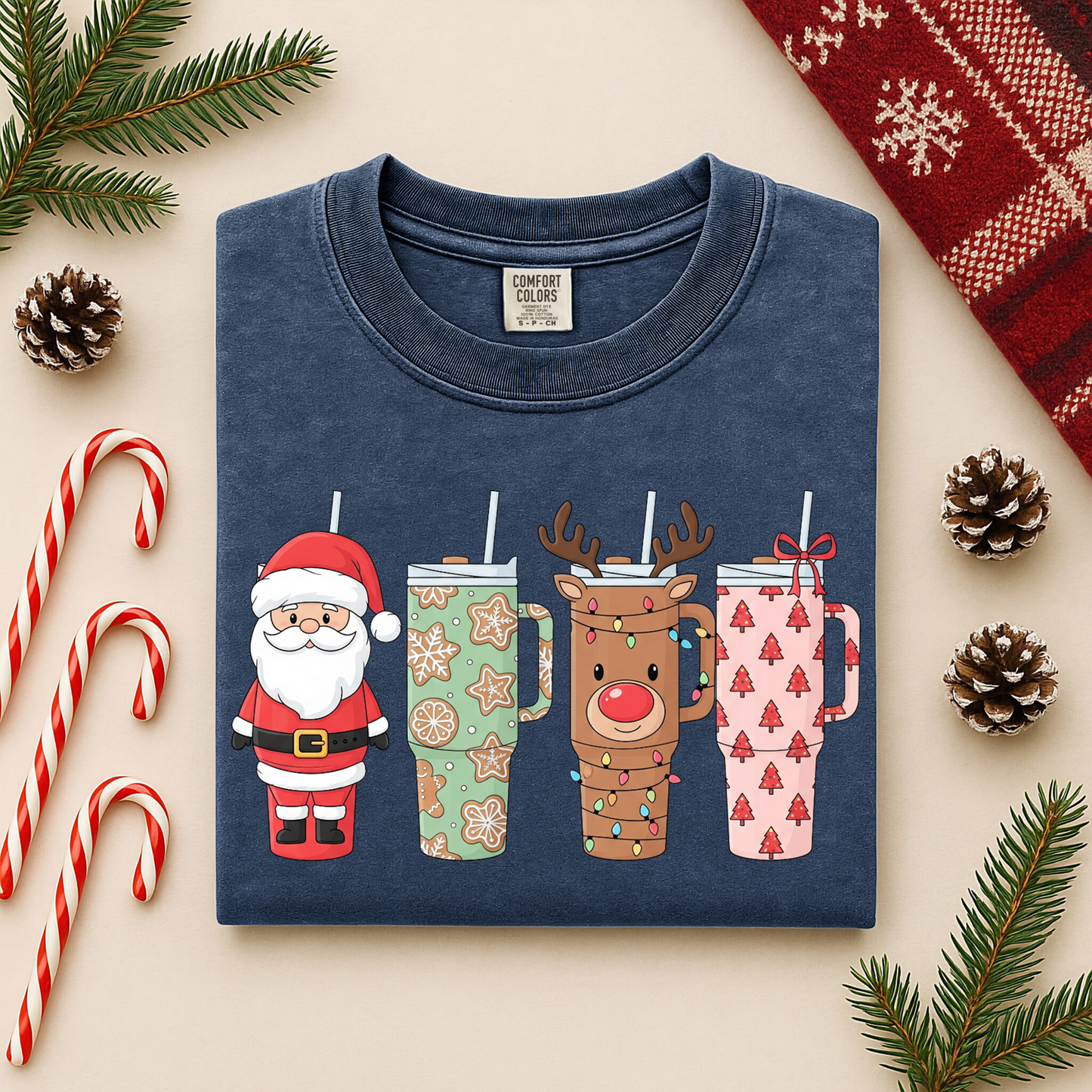Christmas Tumblers Graphic Tee - Santa & Reindeer Holiday Cups Shirt