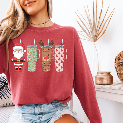 Christmas Tumblers Graphic Tee - Santa & Reindeer Holiday Cups Shirt