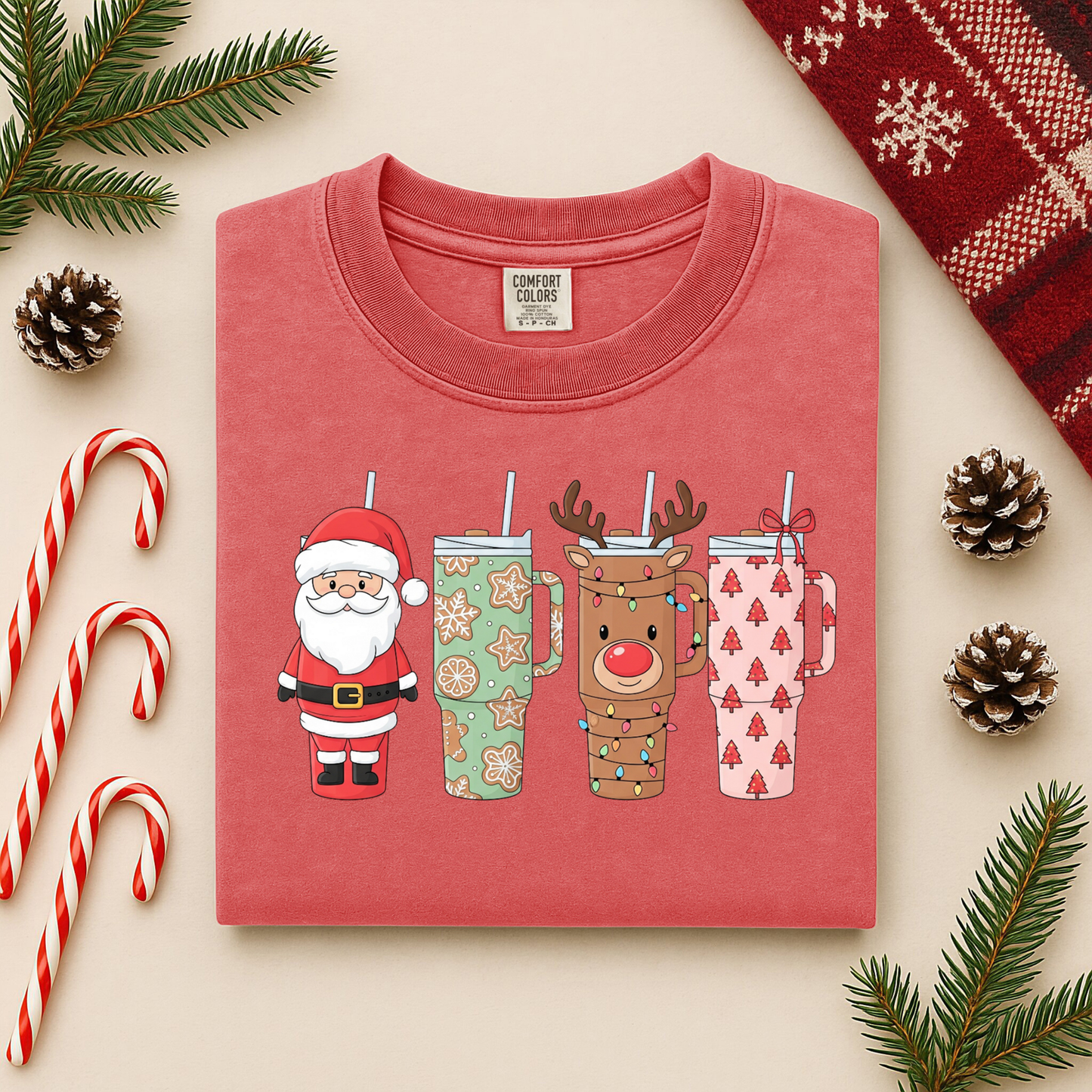 Christmas Tumblers Graphic Tee - Santa & Reindeer Holiday Cups Shirt